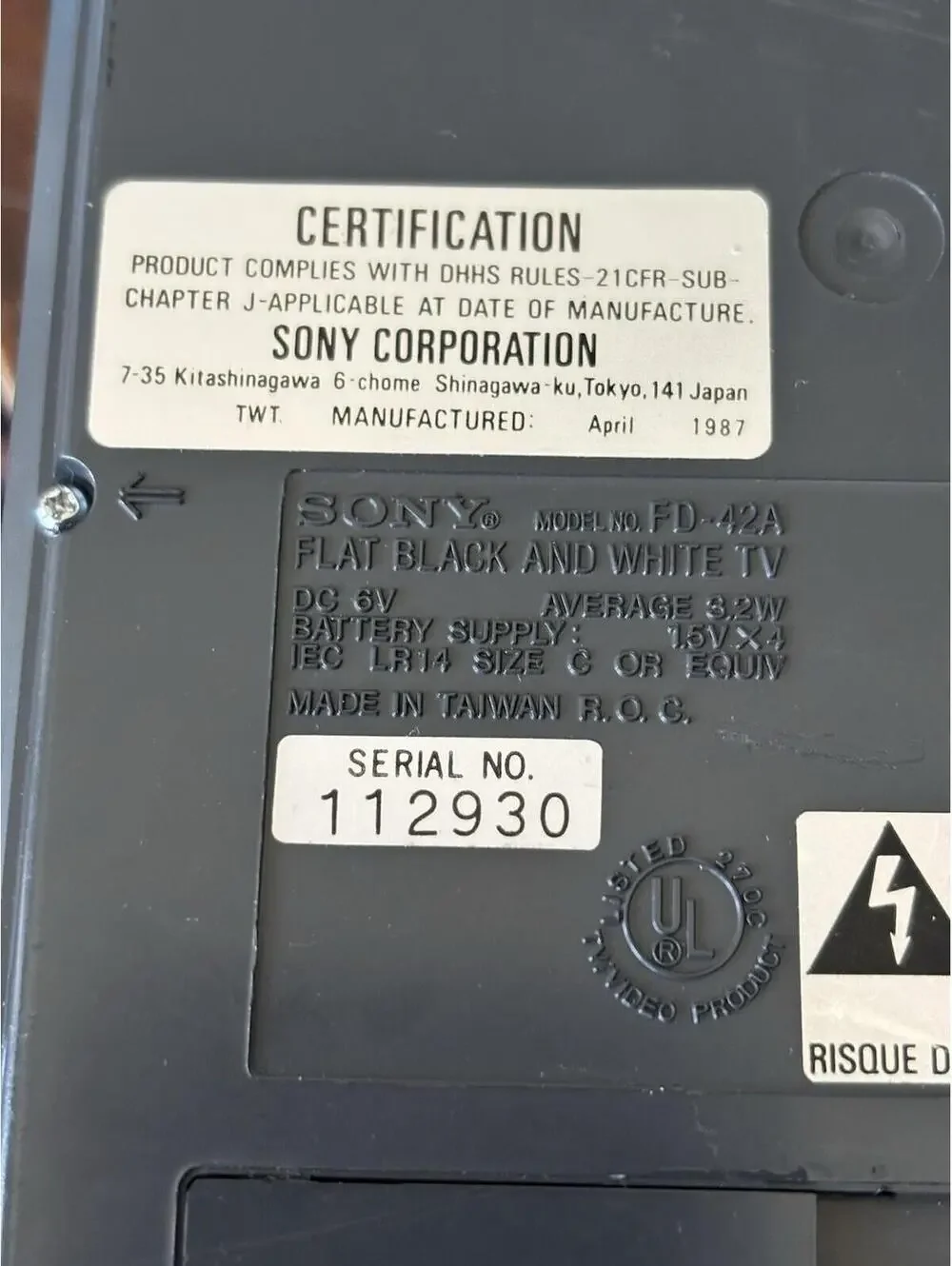 Vintage Sony Watchman Black Color 1987 FD-42A Works Great